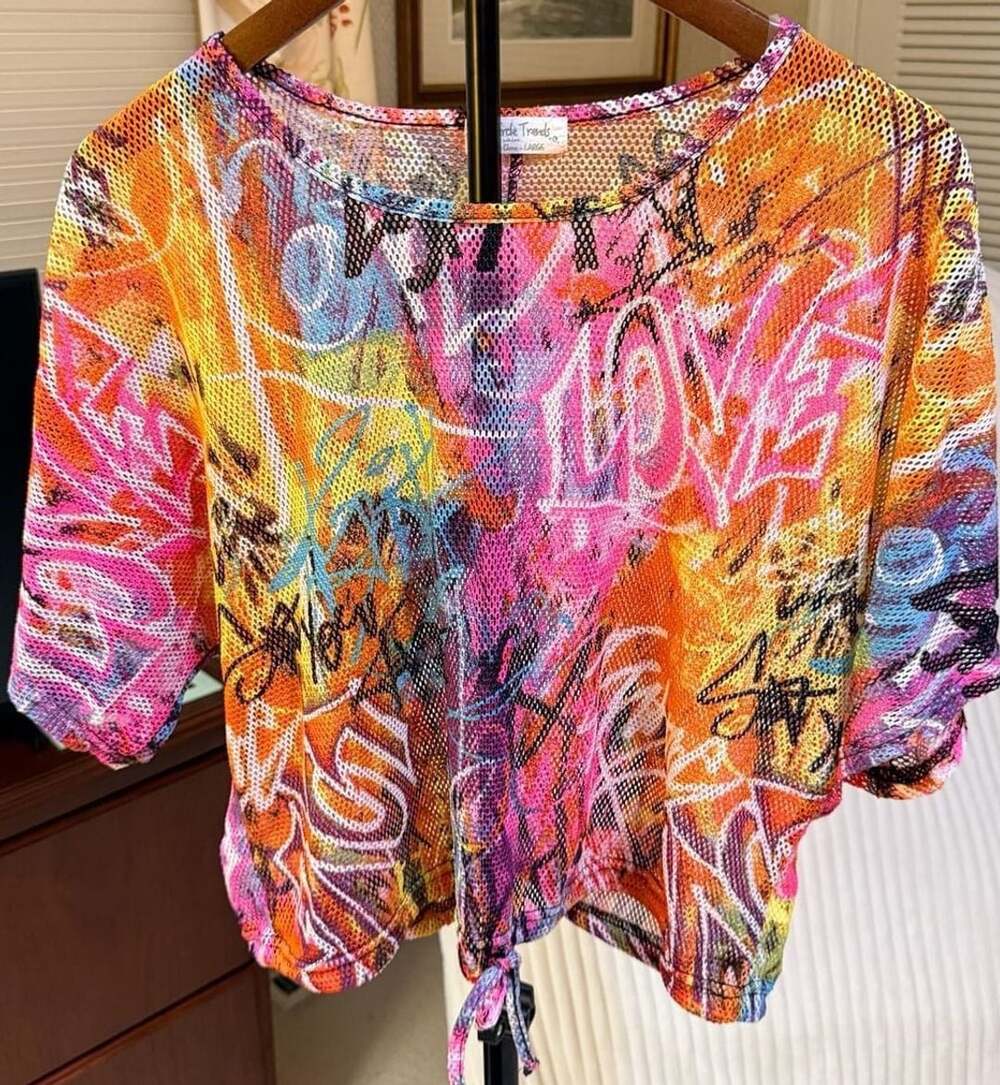 Full Circle Trends Graffiti Print Mesh Crop Top